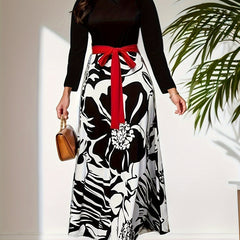  Colorblock Floral Print Long Sleeve Maxi Dress