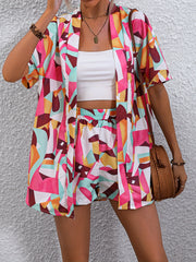 Geo Print Two Piece Set Short Sleeve Open Front Tops & Shorts Outfits