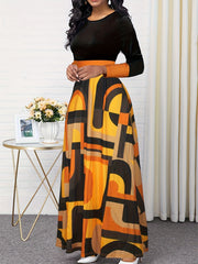  Colorblock Geometric Print Maxi Dress