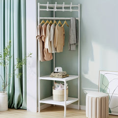 Sturdy Coat Rack with 2 Storage Layers and 4 Double Hooks