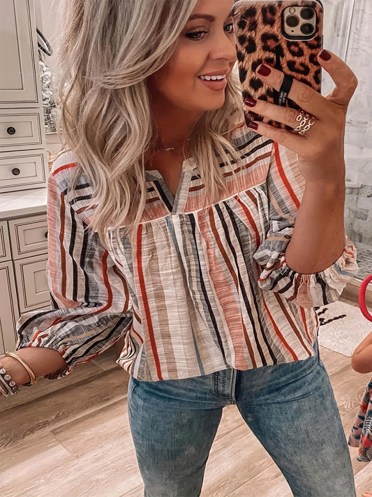 Colorblock Stripe Print Long Sleeve Shirt Top
