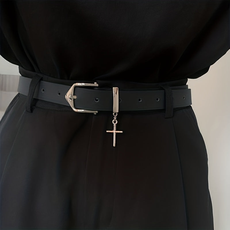 Men's Leather Belt with Cross Decoration for Jeans