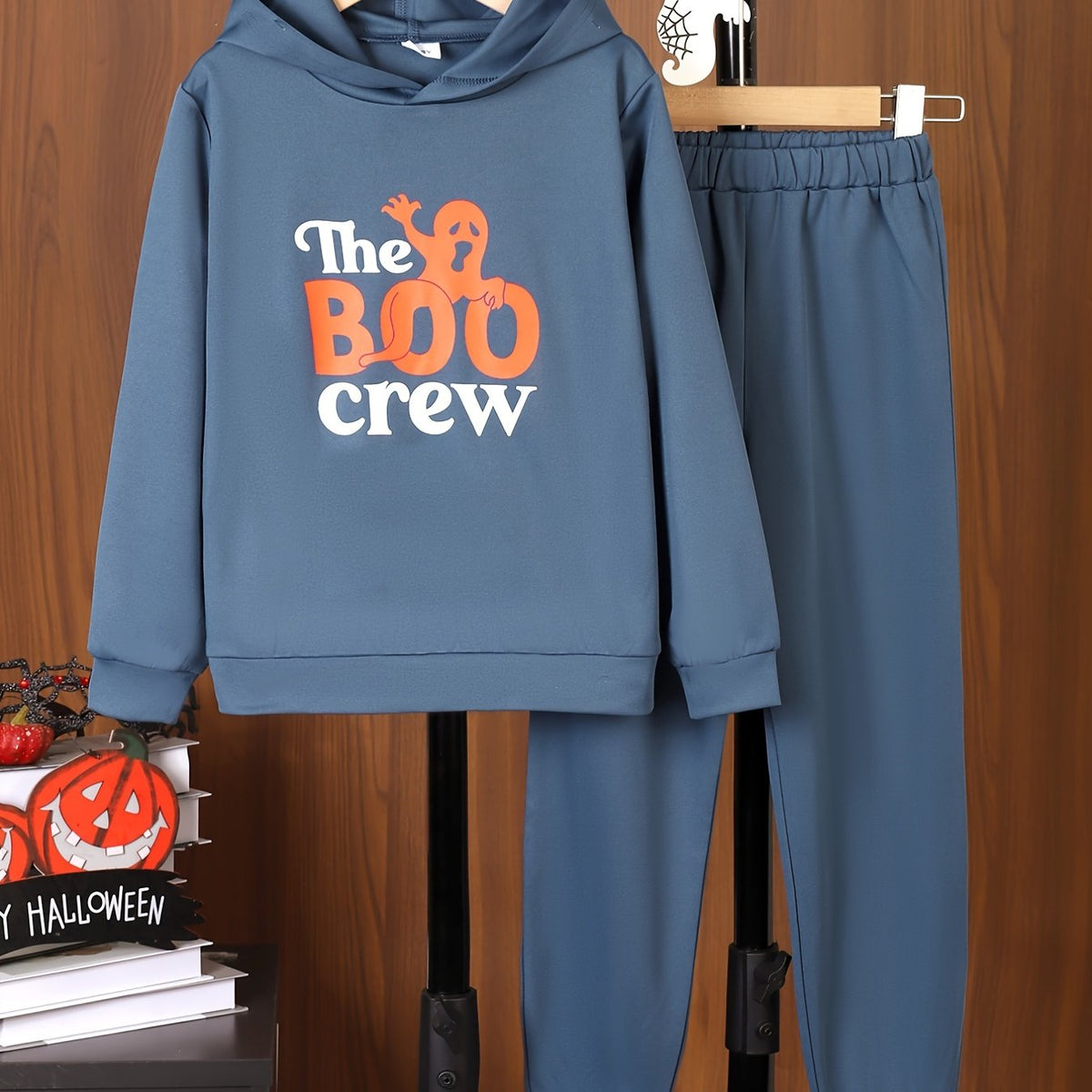 BOO CREW Hoodie & Sweatpants Set Halloween Ghost Pattern Outfits For Kids