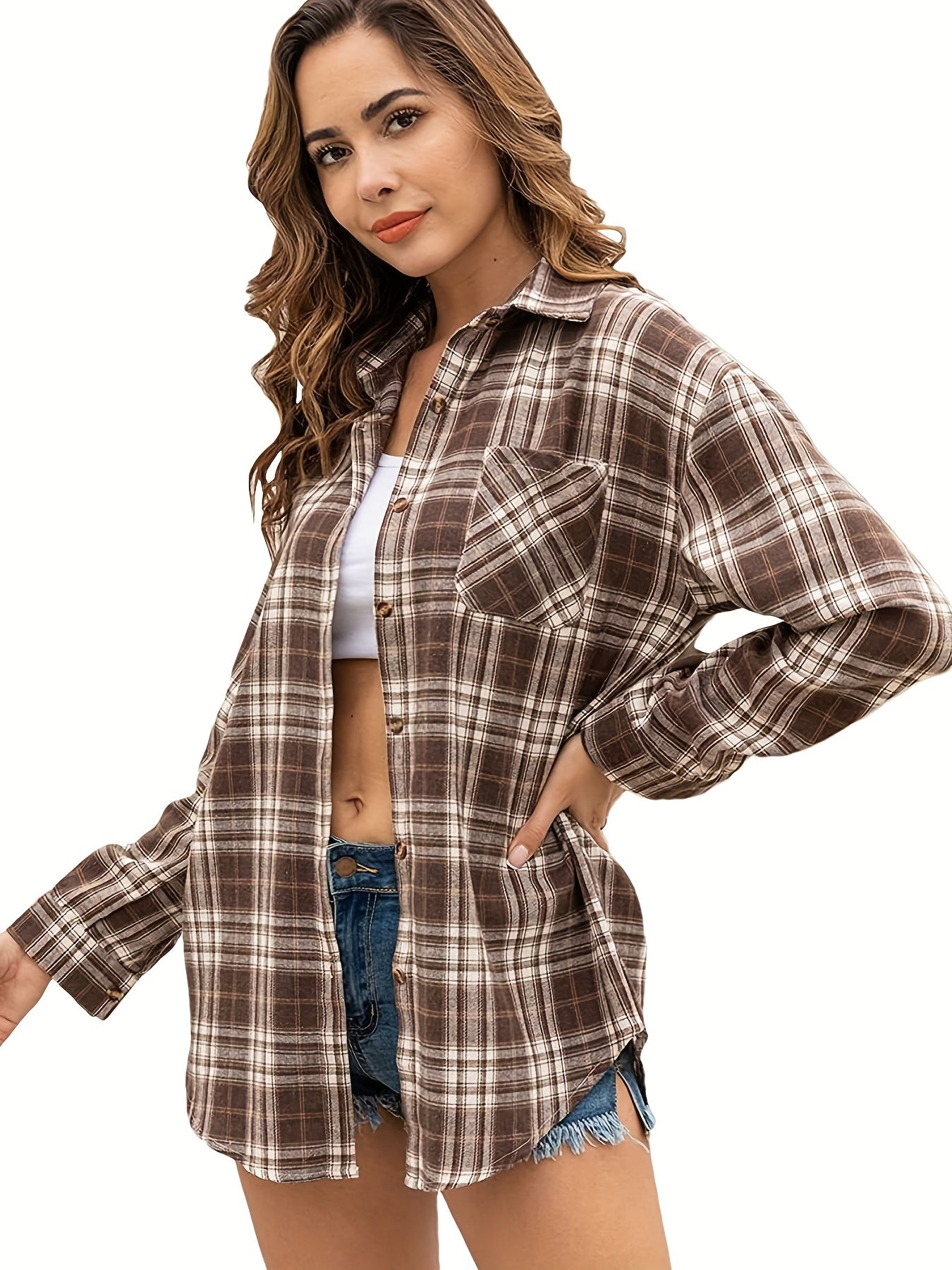 Plaid Button Front Pocket Shirt Long Sleeve Casual Shirt