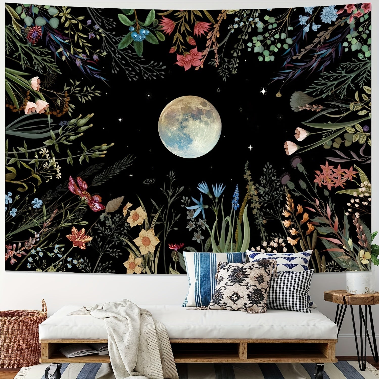 Moonlit Garden Tapestry Flower Colorful Plants Wall Blanket