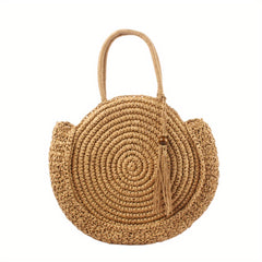 Round Straw Beach Bag Woven Boho Style Tote Bag