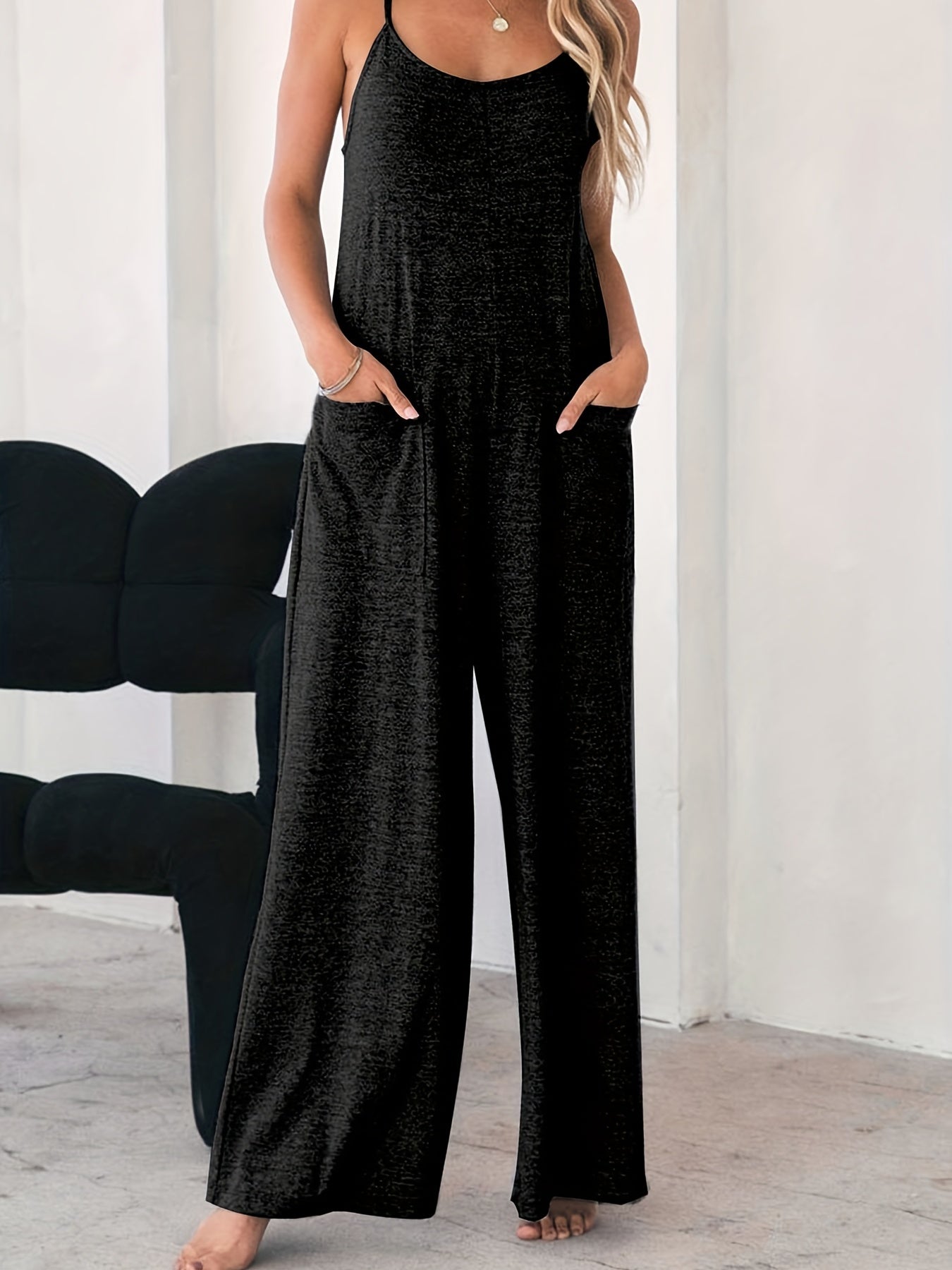 Solid Jumpsuit with Pockets Wide Leg