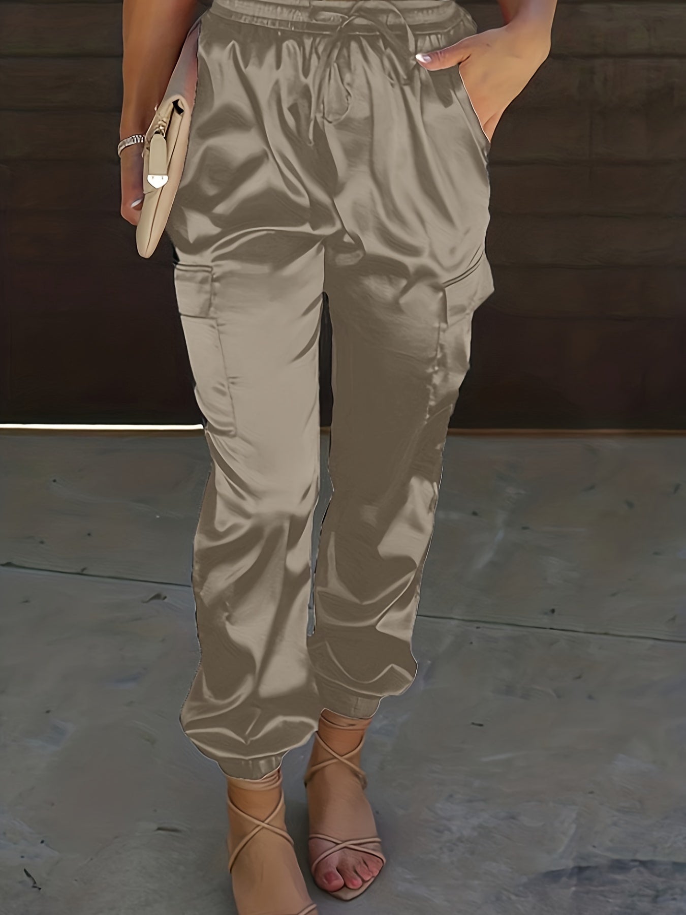 Women's Plus Solid Satin High Rise Cargo Jogger Trousers