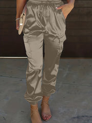 Women's Plus Solid Satin High Rise Cargo Jogger Trousers