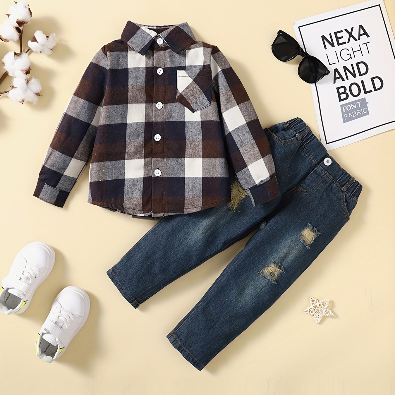 Boy's Plaid Shirt & Ripped Denim Pants Set For Spring Fall
