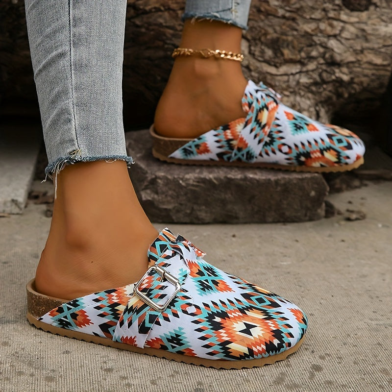Women's Colorblock Flat Shoes Slip On Round Toe Buckle Decor Half Drag