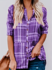  Plaid Print Button Up Long Sleeve Blouse