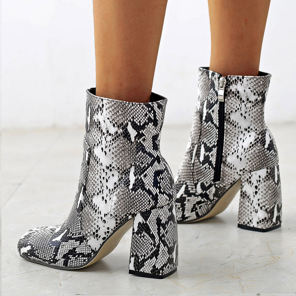 Snakeskin Print Ankle Boots Side Zip Chunky Heel