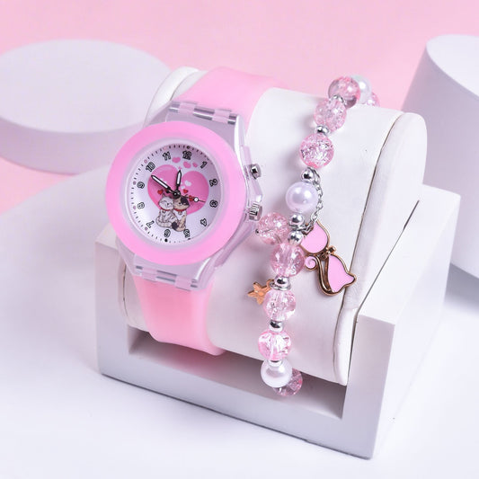 2pcs Girls' Cat Watch Set with Soft Silicone Strap & Beaded Bracelet