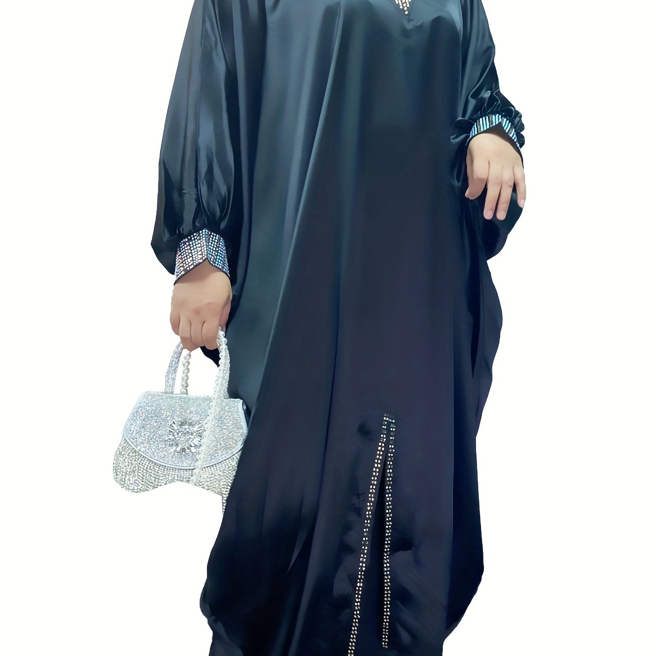 Glitter Rhinestone Satin Batwing Maxi Dress