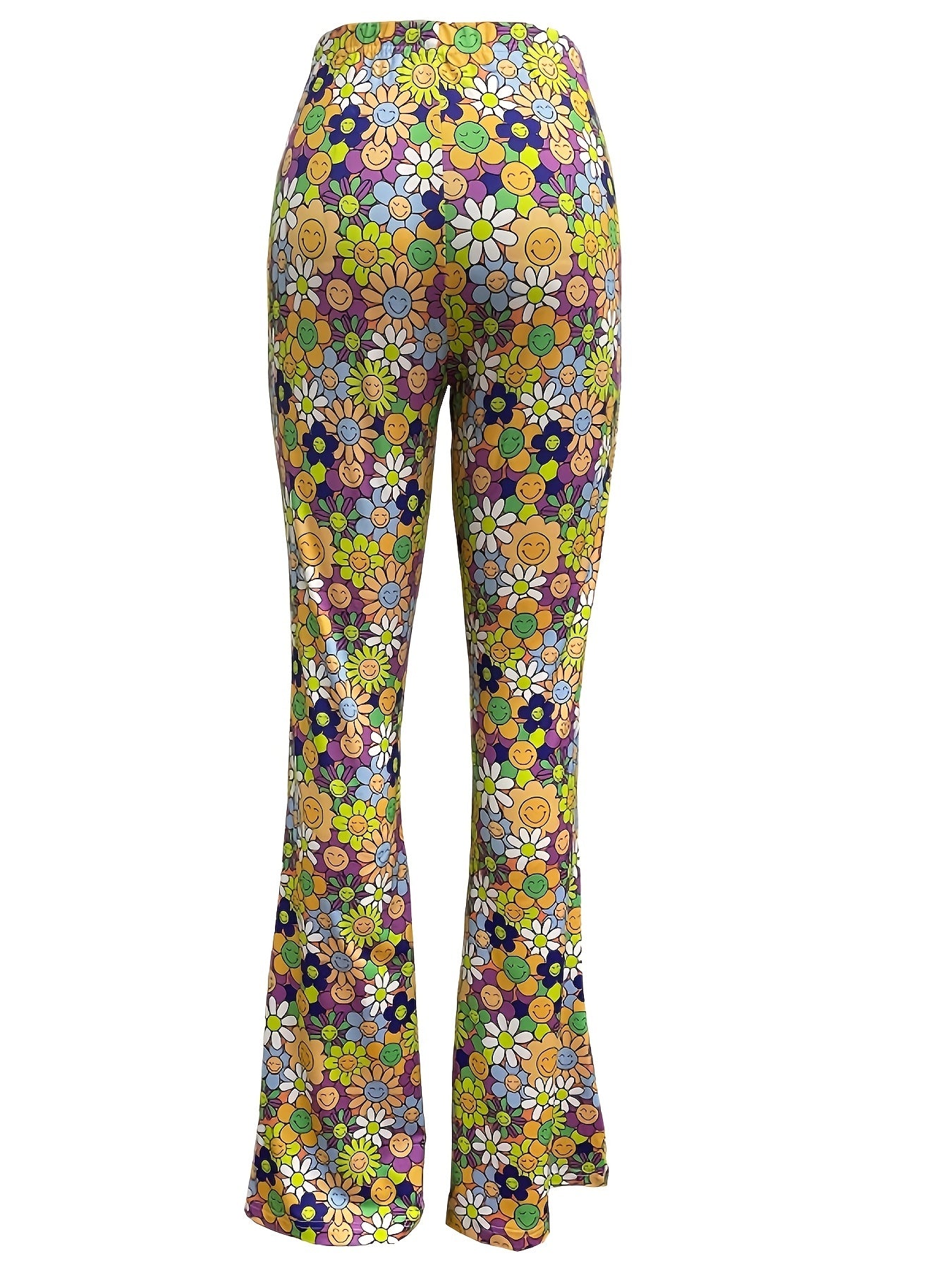 Floral Print High Waist Hippie Pants Casual Flare Leg Pants For Spring & Summer