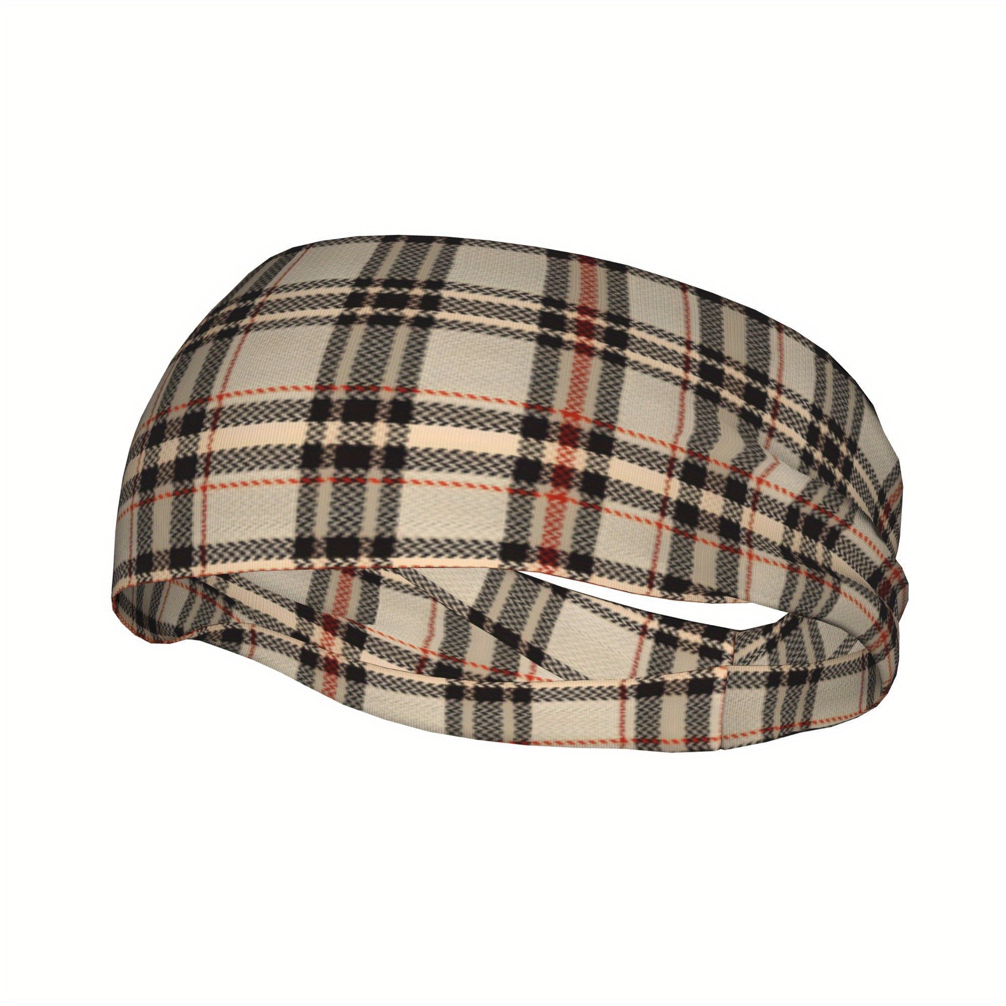 Vintage Plaid Headband Beige Red Checkered Pattern Elastic Sports Headwear