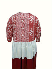  Boho Dress Colorblock Geometric Print Long Sleeve Smock Dress