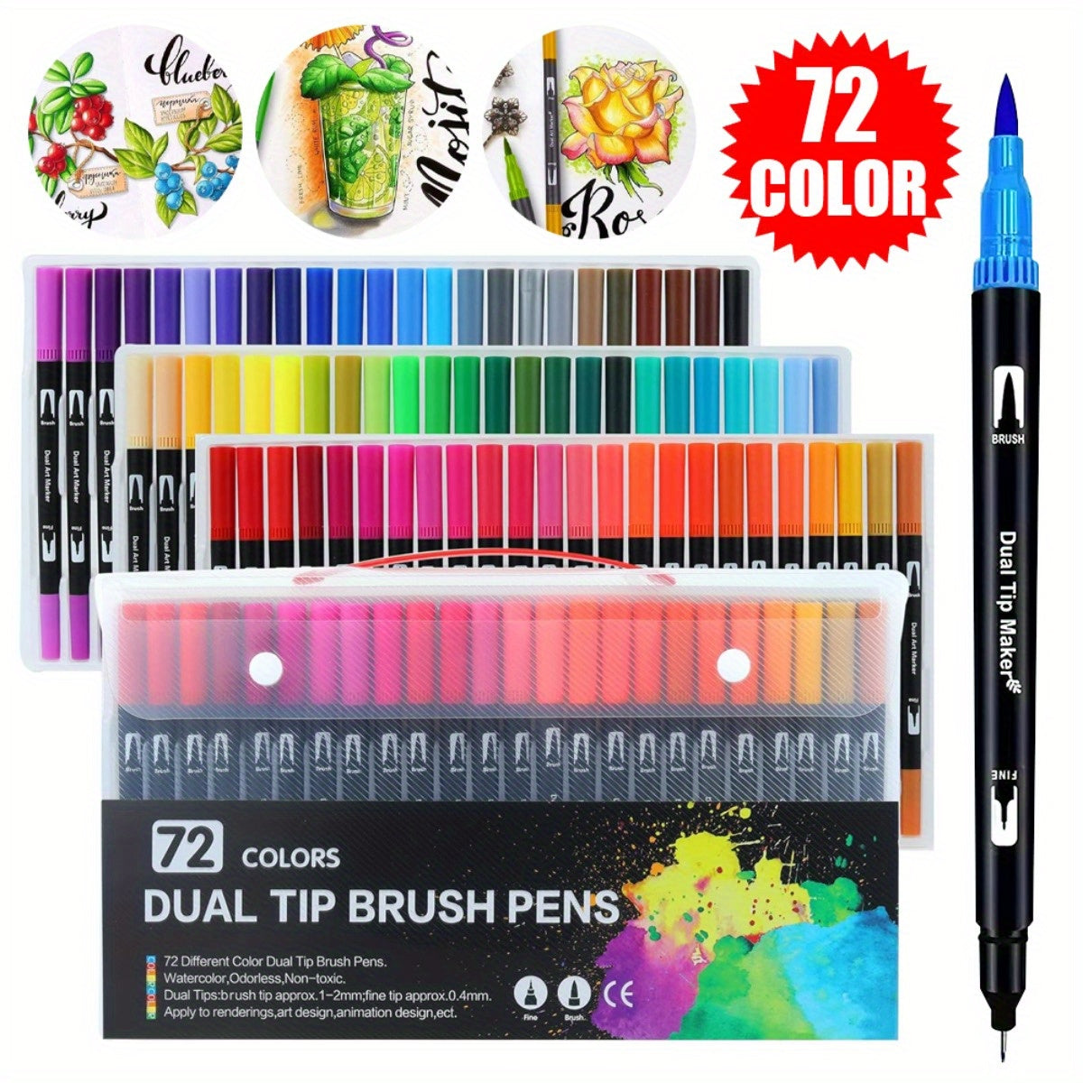 72 Dual Tip Brush Pens Fine Broad Tips Calligraphy Sketching Pens