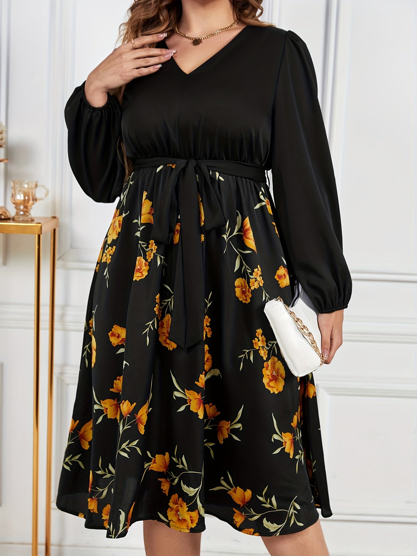Floral Print Long Sleeve V Neck Midi Dress With Belt
