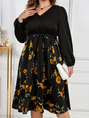 Floral Print Long Sleeve V Neck Midi Dress With Belt