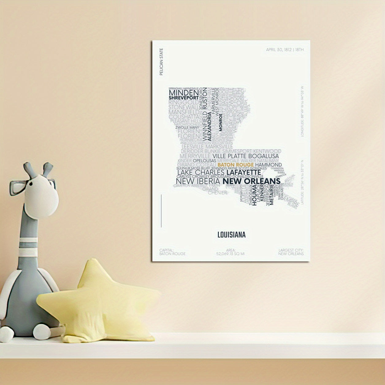 Louisiana State Map Sticker Modern Typography Art Waterproof Removable A5