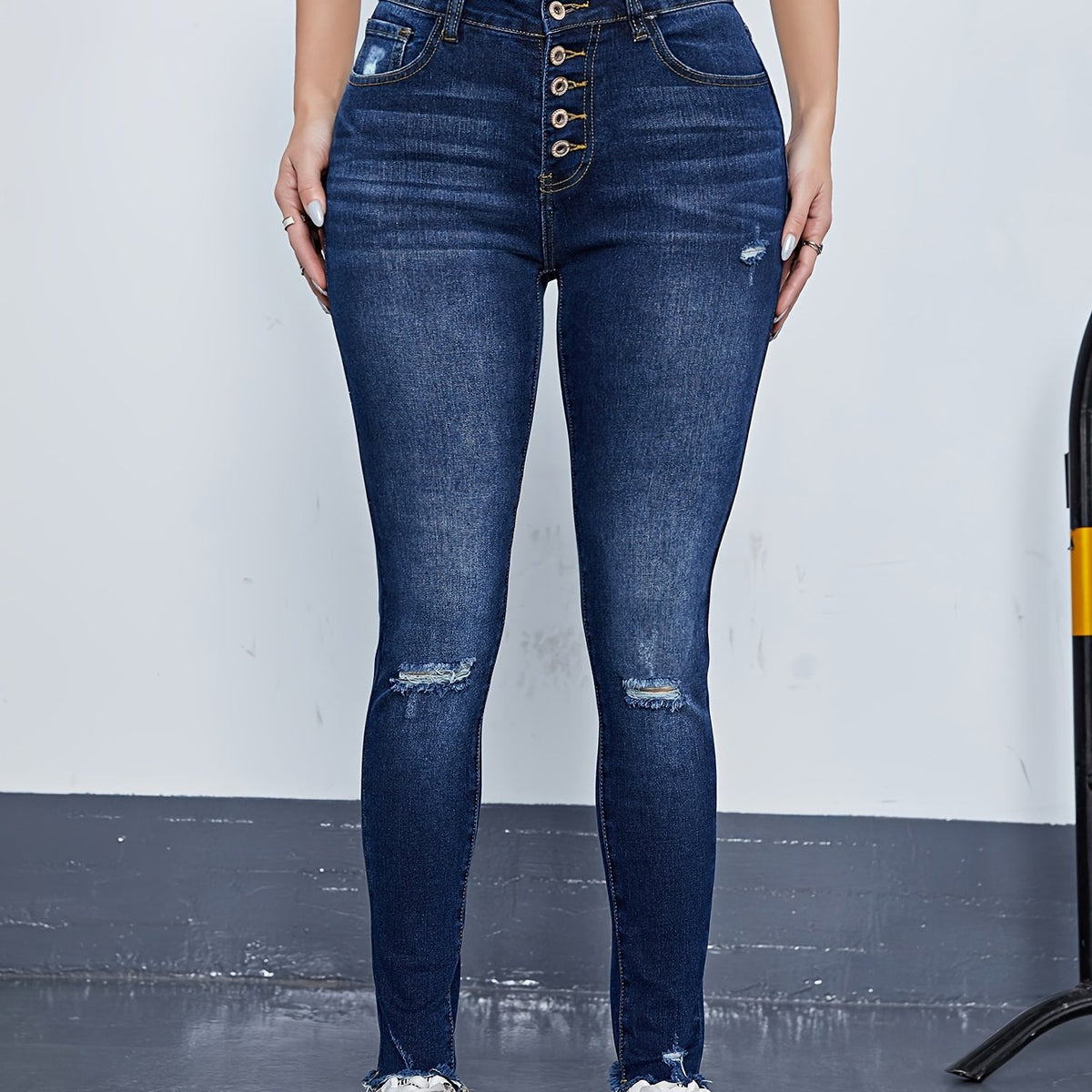  Ripped High Rise Skinny Jeans with Fringe Trim