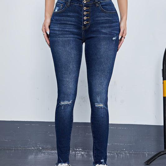  Ripped High Rise Skinny Jeans with Fringe Trim