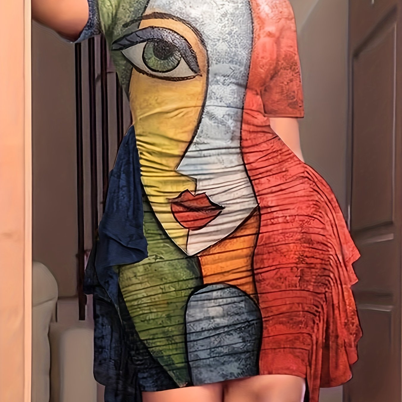  Abstract Figure Print Short Sleeve Ruffle Trim Dress