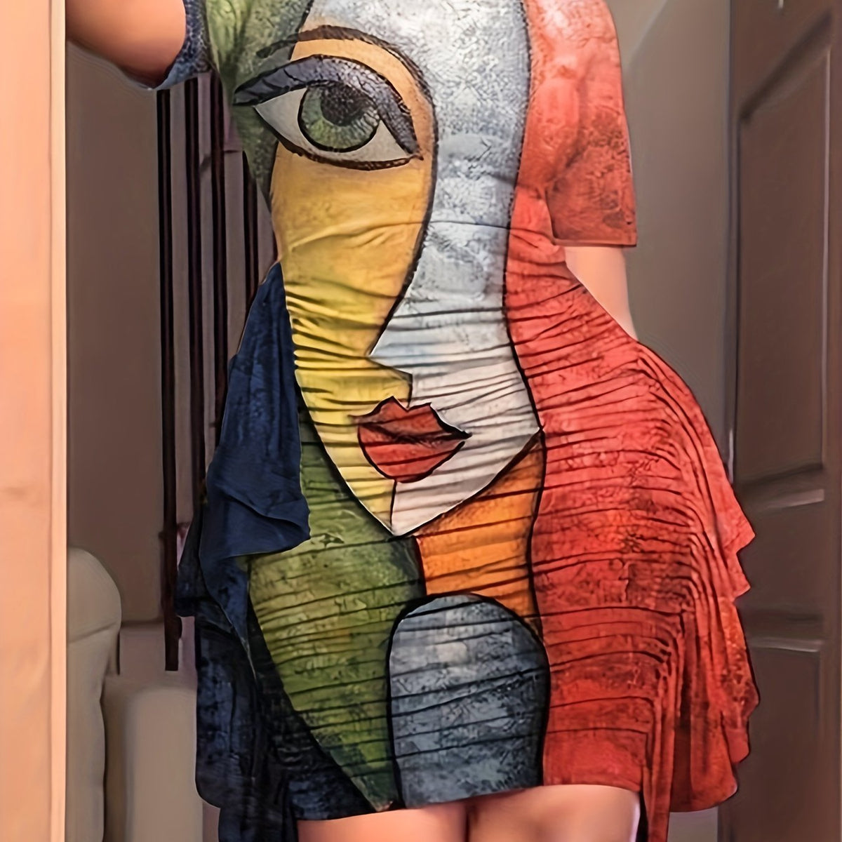  Abstract Figure Print Short Sleeve Ruffle Trim Dress