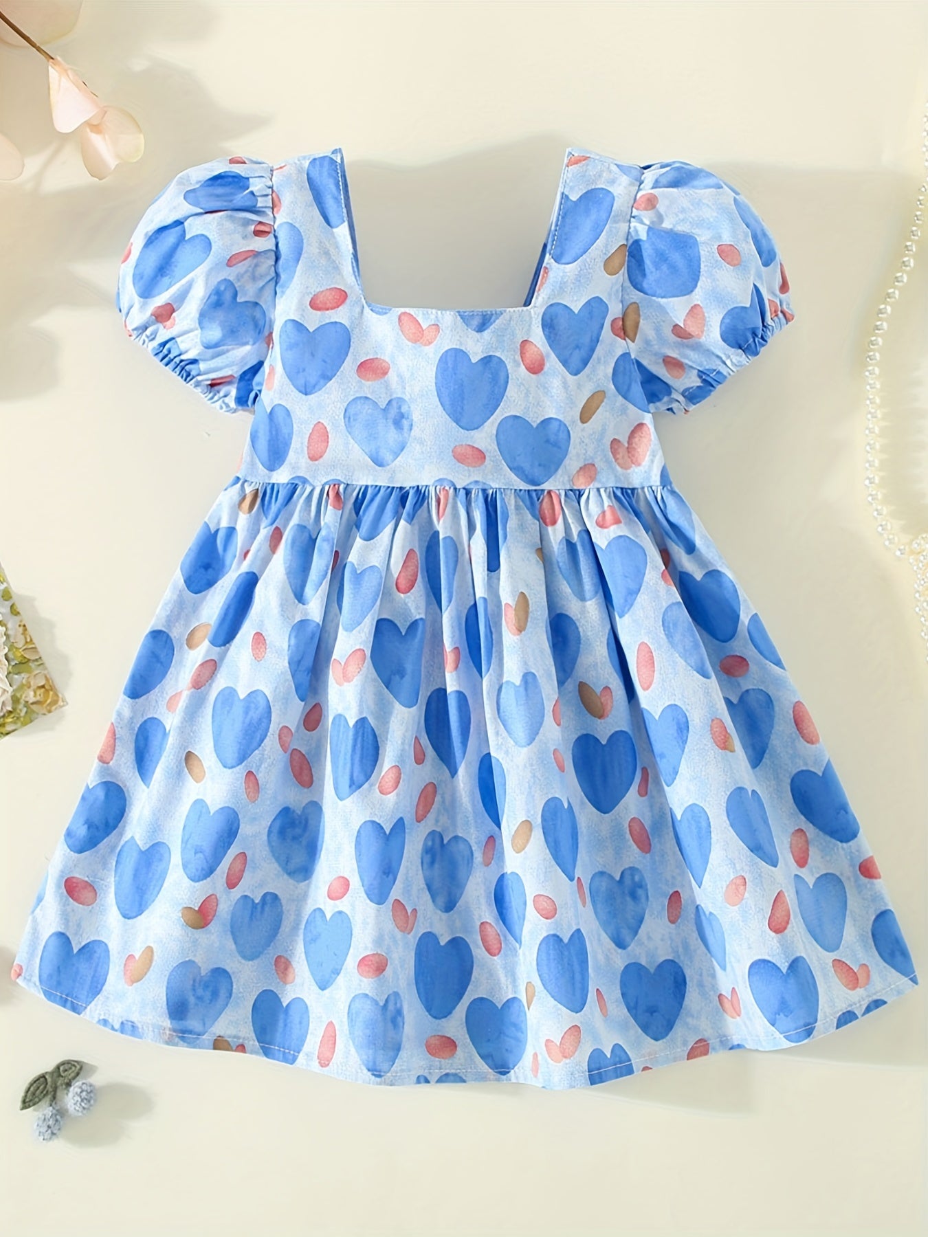 Girl's Heart Print Princess Dress with Puffy Sleeves & Big Bow
