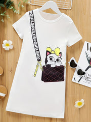 Girls Casual Kitten Graphic Dress for Summer Holiday Party Kids Clothes