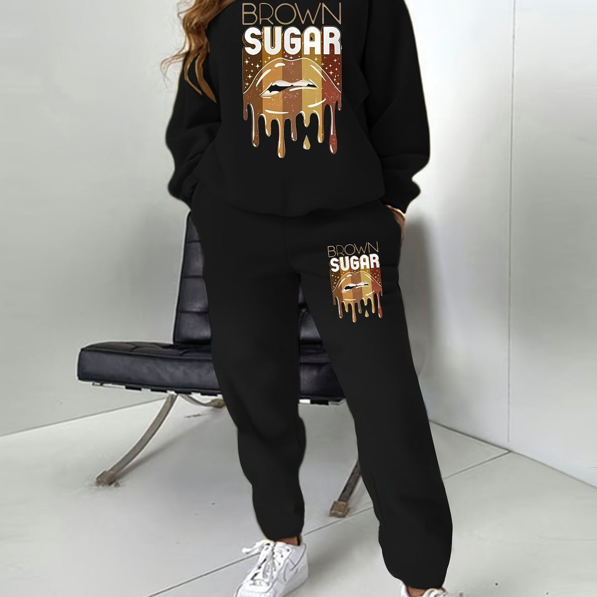 Women's Plus Letter & Lip Print Sweatshirt & Joggers Set