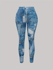 Denim Print Skinny Leggings Stretchy Casual Leggings