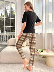 Cartoon Bear Print Pajama Set Short Sleeve T shirt & Cozy Plaid Print Long Pants