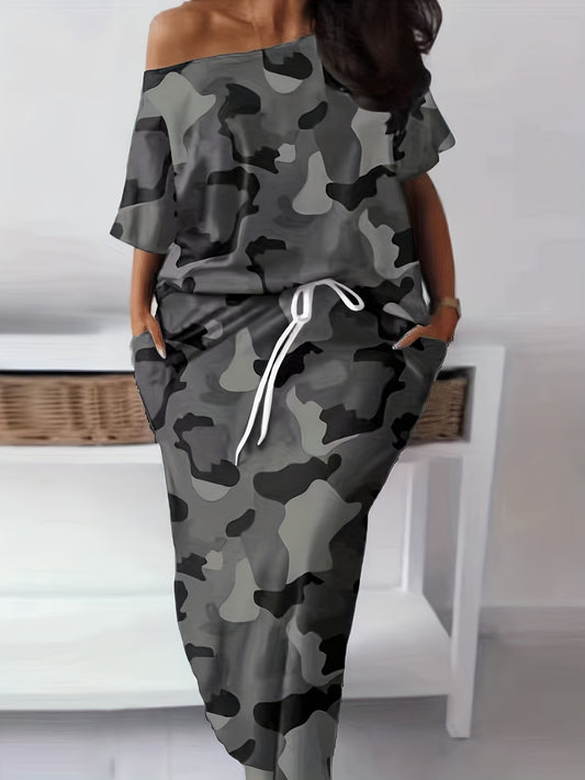 Camo Print Two Piece Skirt Set Cold Shoulder Top & Drawstring Skirt