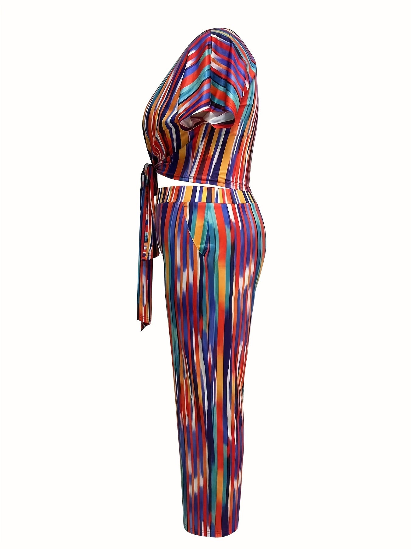  Striped Short Sleeve Crop Top & Pants Outfits Set