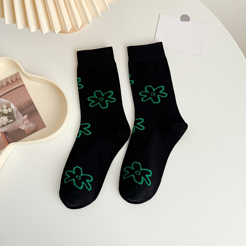 3 Pairs Floral Pattern Mid Tube Socks For Women