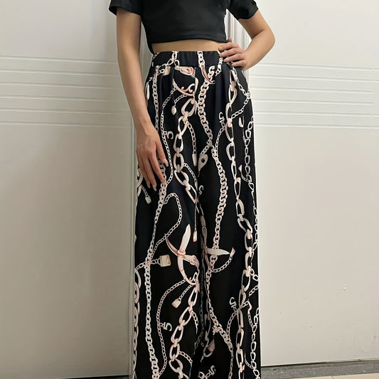 Summer Two Piece Set Short Sleeve Crop Tee & Chain Print Wide Leg Pants
