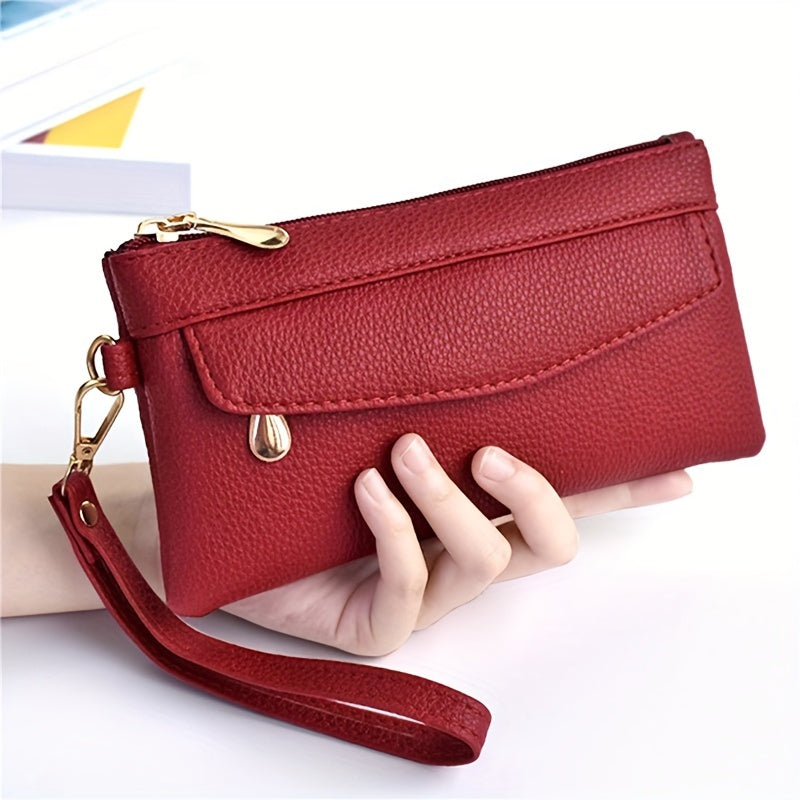 Soft PU Leather Clutch Handbag Zipper Closure Wristlet Strap