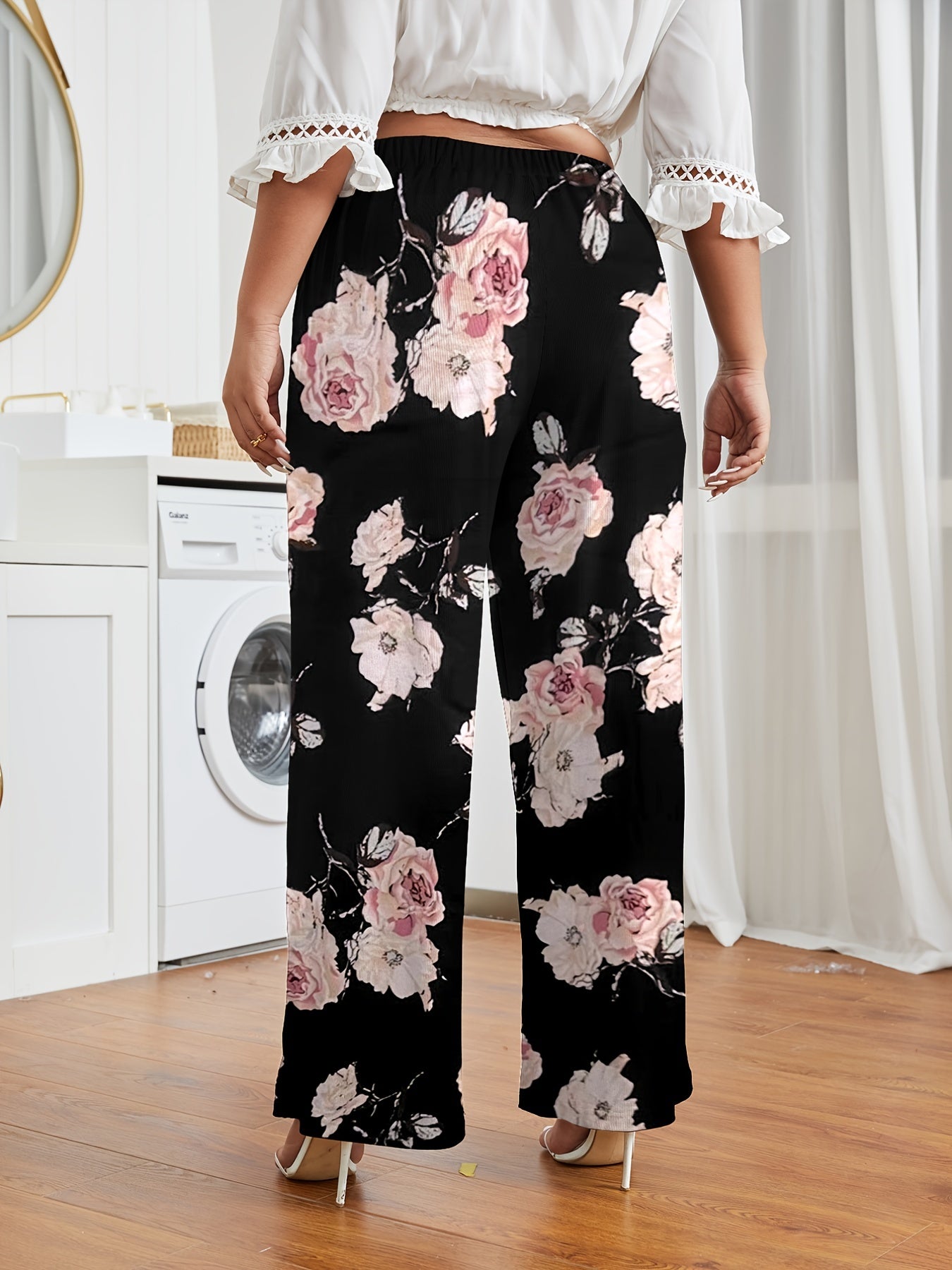 Women's Plus Floral Print Loose Fit Wide Leg Pants