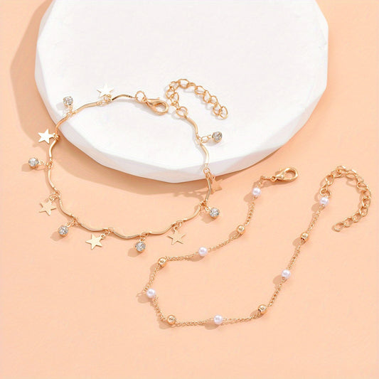 2Pcs Star Tassel Anklet Set Rhinestone Inlaid Chain Bracelet