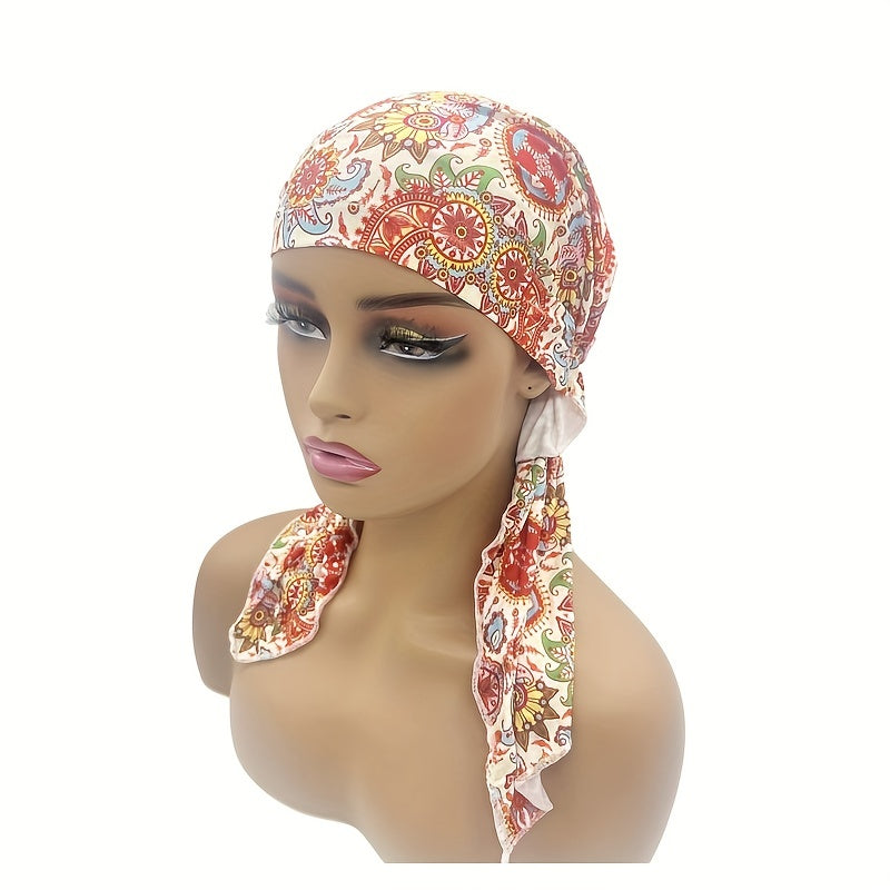 Paisley Print Head Wrap Casual Elastic Turban Soft Long Tail Bonnet