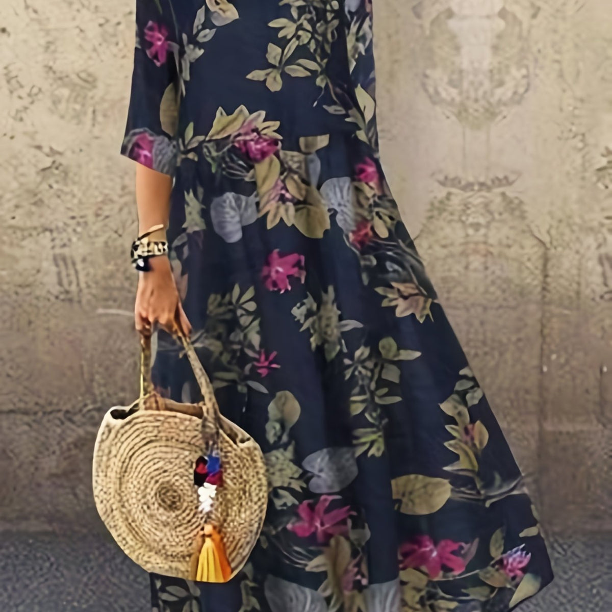 Women's Plus Floral Print Half Sleeve Round Neck Maxi Dress
