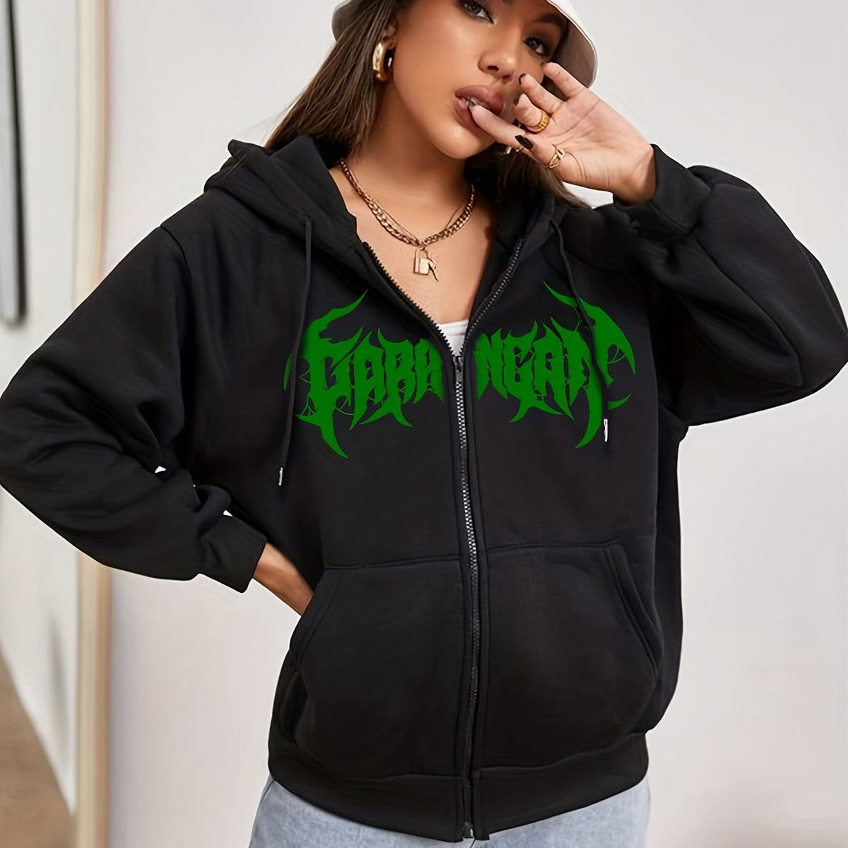  Y2K Sweatshirt Women's Plus Art Letter Print Zip Up Long Sleeve Hoodie