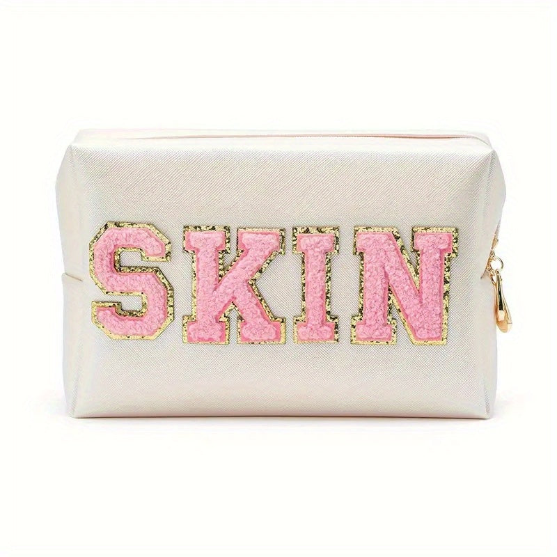 Plush Letter Patched Makeup Pouch Travel Toiletry Bag