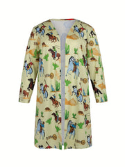 Western Style Cowboy Print Plus Size Cardigan Long Sleeve Open Front