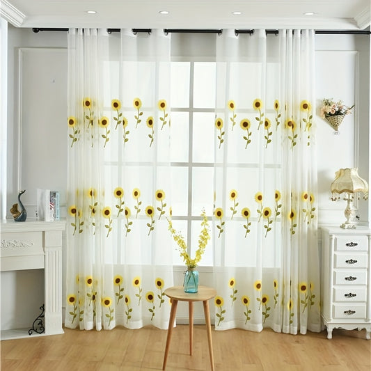 Yellow Sunflower Tulle Curtain for Room Decor Vintage Farmhouse Sheer