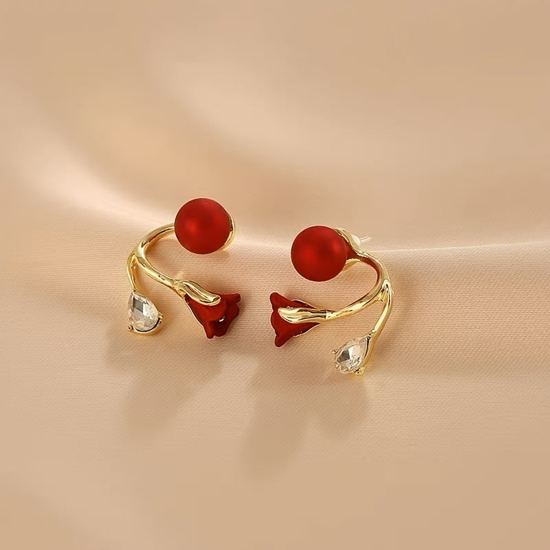 Festive Red Faux Pearl Tulip Flower Earrings For Women