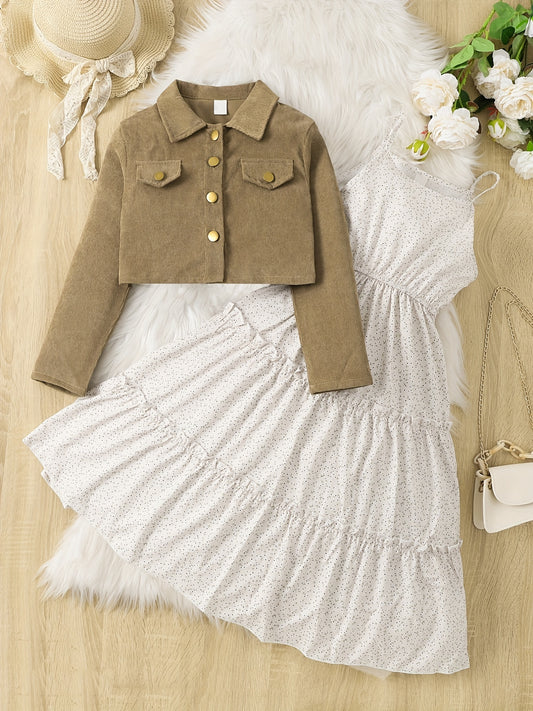 Girls Camisole Dress & Coat Set Polka Dot Corduroy Long Sleeve